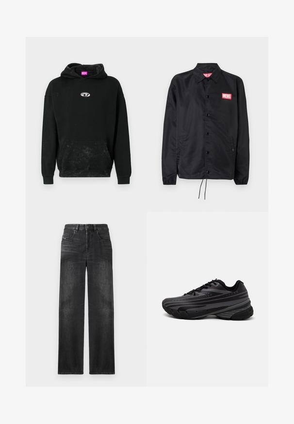 Jaqueta preta feita de material suave e leve, com fecho de botão na frente, punhos elásticos, bolsos laterais e um patch do logótipo vermelho da Diesel.; Hoodie preto em mistura de algodão, com um bolso canguru na frente, um detalhe em logotipo prateado e um acabamento texturizado com uma ligeira descoloração.; Calças de ganga de perna reta pretas, com cinco bolsos, passadores de cinto e um leve desbotado no tecido para textura.; Shoe de corrida preta com um cabedal texturizado apresentando riscas cinzentas. Sola grossa para amortecimento, bico redondo e atacadores planos para um ajuste seguro.