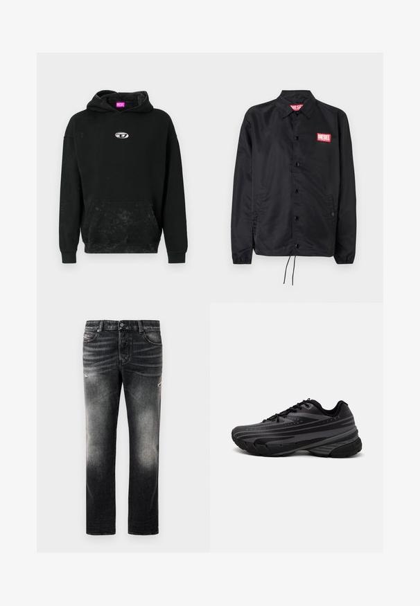 Giacca nera realizzata in materiale liscio e leggero, con chiusura a bottoni, polsini elasticizzati, tasche laterali e una patch con il logo rosso Diesel.; Felpa nera con cappuccio in misto cotone, dotata di tasca frontale a marsupio, accentuata da un logo argento e una finitura testurizzata con lievi discromie.; Jeans neri con una finitura sbiadita e dettagli strappati, design standard a cinque tasche e chiusura con zip. Realizzati in tessuto denim.; Scarpa da corsa nera con un upper testurizzato e strisce grigie. Suola spessa per un'ammortizzazione ottimale, punta rotonda e lacci piatti per una vestibilità sicura.