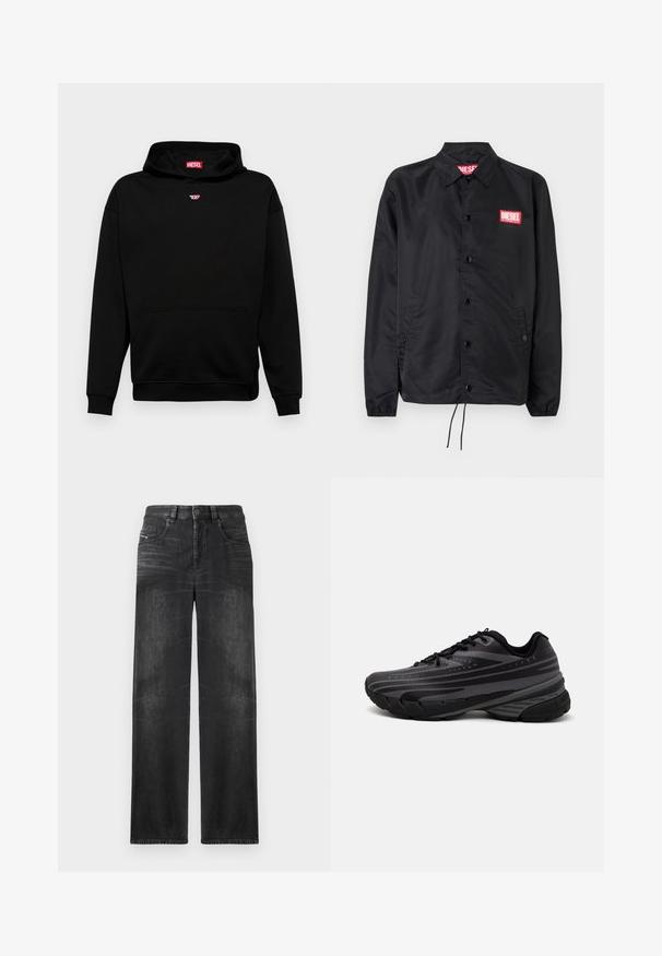 Μαύρο μπουφάν από λείο, ελαφρύ ύφασμα, με μπροστινό κουμπί, ελαστικούς καρπούς, πλαϊνές τσέπες και κόκκινη ετικέτα λογότυπου Diesel.; Μαύρη κουκούλα κατασκευασμένη από μαλακό βαμβακερό μείγμα, με μπροστινή τσέπη, ριμπ μανσέτες και ένα μικρό κόκκινο λογότυπο στο στήθος. Απλός σχεδιασμός.; Μαύρα τζην παντελόνια ευθείας γραμμής από ντένιμ, με πέντε τσέπες, θηλιές για ζώνη και σ subtle fading στη υφή του υφάσματος.; Μαύρο αθλητικό παπούτσι με υφή στο άνω μέρος που διαθέτει γκρι ρίγες. Παχύ πέλμα για απορρόφηση κραδασμών, στρογγυλή μύτη και επίπεδα κορδόνια για ασφαλή εφαρμογή.