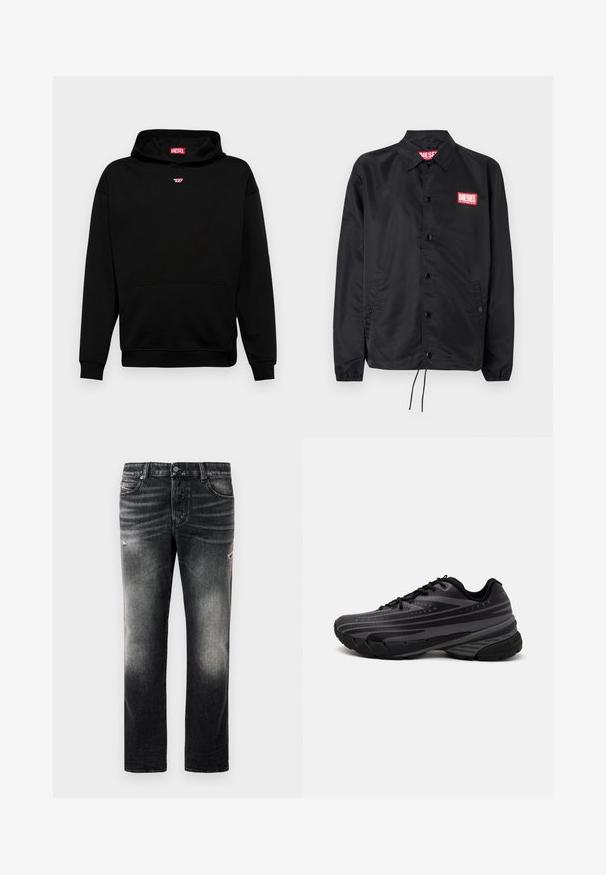 Svart jakke laget av glatt, lett materiale, med knappelukking, elastiske mansjetter, sidelommer og en rød Diesel-logo-patch.; Svart hettegenser laget av myk bomullsblanding, med en frontlomme, ribbede mansjetter og en liten rød logo på brystet. Enkelt design.; Sorte jeans med en falmet finish og slidte detaljer, standard fem-lomme-design og glidelås foran. Laget av denimstoff.; Svarte joggesko med en teksturert overdel som har grå striper. Tykk såle for demping, rund tå og flate snører for en sikker passform.