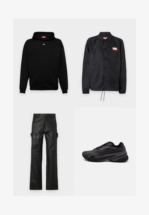 Giacca nera realizzata in materiale liscio e leggero, con chiusura a bottoni, polsini elasticizzati, tasche laterali e una patch con il logo rosso Diesel.; Felpa nera realizzata in morbido cotone misto, con tasca frontale, polsini a costine e un piccolo logo rosso sul petto. Design semplice.; Pantaloni in pelle nera con design a gamba dritta, dotati di due tasche anteriori con zip e ampie tasche laterali per un'ulteriore capacità di stoccaggio.; Scarpa da corsa nera con un upper testurizzato e strisce grigie. Suola spessa per un'ammortizzazione ottimale, punta rotonda e lacci piatti per una vestibilità sicura.