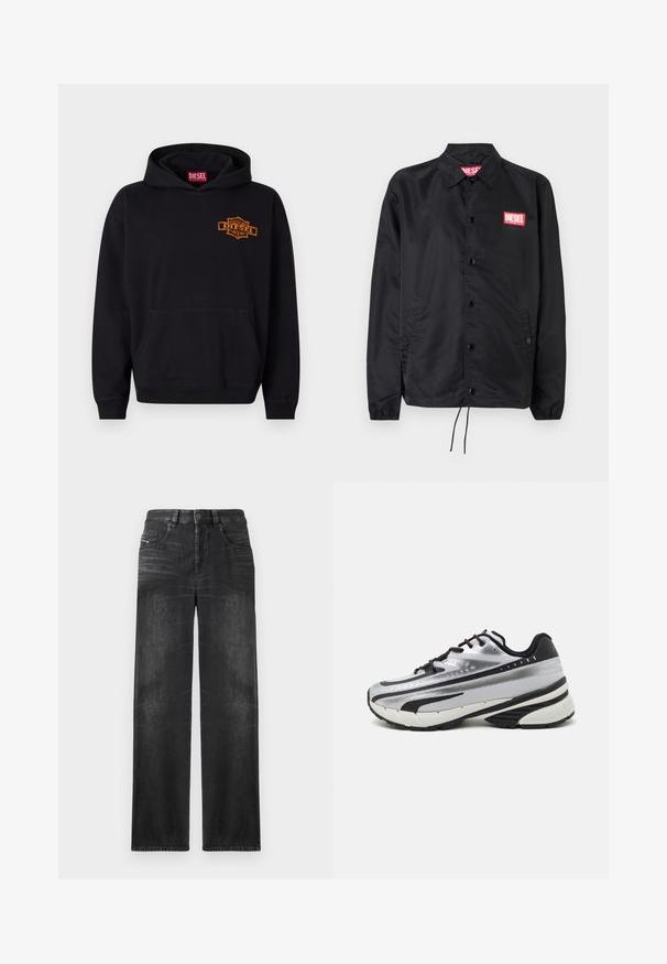 Svart jakke laget av glatt, lett materiale, med knappelukking, elastiske mansjetter, sidelommer og en rød Diesel-logo-patch.; Svart hettegenser laget av bomull med frontlomme. Har en oransje brodert "DIESEL"-logo på brystet og ribbestrikkede mansjetter.; Sorte jeans med rett ben i denim, med fem lommer, beltehemper, og subtil fading på stoffet for tekstur.; Løpesko med sølvfarget mesh-overdel, svarte detaljer og hvit såle. Har strukturert design og svarte snørebånd. Lettvektig og godt dempet.