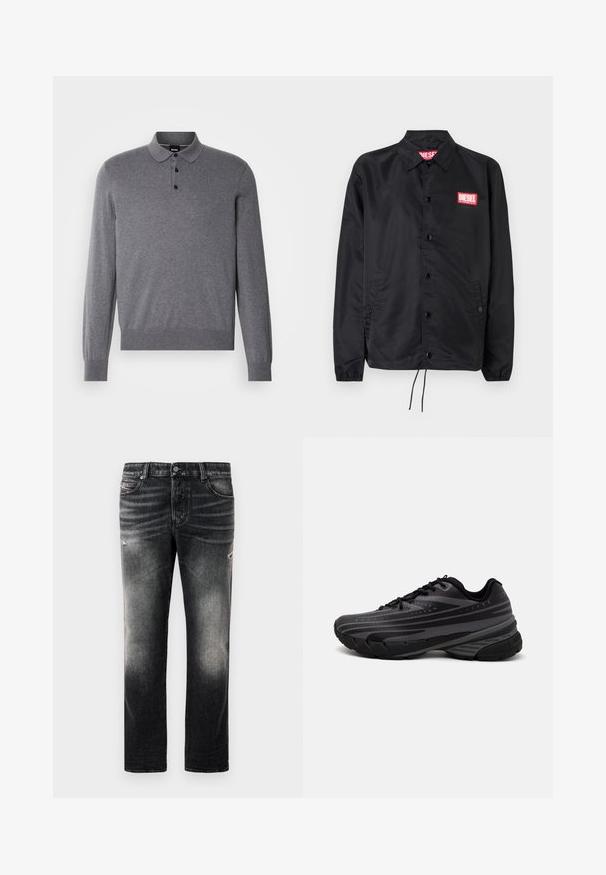 Melnā jaka no gludas, vieglas materiāla, ar pogu aizdari, elastīgām piedurknēm, sānu kabatām un sarkanu Diesel logo uzšuvumu.; Pelēka garām piedurknēm polo krekls, izgatavots no mīksta auduma, ar apkakli, trīs pogām un ribota piedurkņu un apakšmala.; Melnas džinsas ar izbalējušu apdari un nolietojuma akcentiem, standarta piecu kabatu dizains un rāvējslēdzēja aizdare. Izgatavoti no denim auduma.; Melnas skriešanas kurpes ar teksturētu virsu, kurai ir pelēkas svītras. Biezs zole nodrošina amortizāciju, apaļa purngalu un plakanas šņorītes, lai nodrošinātu drošu piegulšanu.