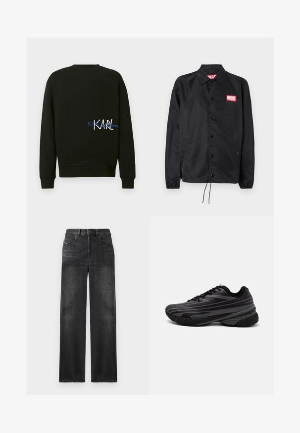 Fekete dzseki sima, könnyű anyagból, gombos elülső résszel, rugalmas mandzsettákkal, oldalsó zsebekkel és egy piros Diesel logós folttal.; Fekete környakú pulóver kék és fehér átfedéses "KARL LAGERFELD" felirattal az elülső jobb oldalon, bordázott mandzsettákkal és szegéllyel.; Fekete egyenes szabású farmernadrág, öt zsebbel, övhurkokkal, és finom fakó foltokkal az anyagon a textúra érdekében.; Fekete futócipő texturált felsőrésszel, szürke csíkokkal. Vastag talp a párnázottságért, kerek orr, és lapos fűzők a biztos illeszkedés érdekében.