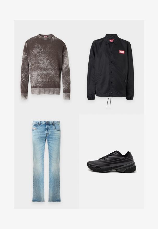Schwarze Jacke aus glattem, leichtem Material mit Knopfriegel, elastischen Bündchen, seitlichen Taschen und einem roten Diesel-Logo-Patch.; Braun-grau gesprenkelter Pullover mit Rundhalsausschnitt und langen Ärmeln, mit gerippten Bündchen und Saum, versehen mit einem kleinen gestickten Logo auf der Brust.; Helleblaue Denim-Jeans mit geradem Schnitt, Fünf-Taschen-Design und leichter Ausbleichung. Mit metallischem Knopf und Reißverschlussverschluss.; Schwarzer Laufschuh mit einem strukturierten Obermaterial, das graue Streifen aufweist. Dicke Sohle zur Dämpfung, runder Zehenbereich und flache Schnürsenkel für einen sicheren Sitz.