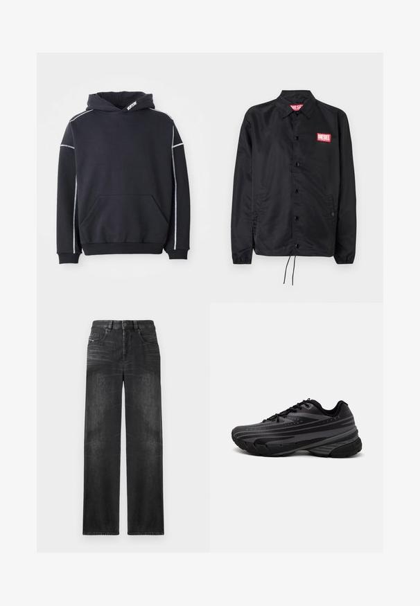 Jaqueta preta feita de material suave e leve, com fecho de botão na frente, punhos elásticos, bolsos laterais e um patch do logótipo vermelho da Diesel.; Fato preto feito de tecido de algodão com um bolso frontal, apresenta costura refletiva branca ao longo das mangas e do capuz.; Calças de ganga de perna reta pretas, com cinco bolsos, passadores de cinto e um leve desbotado no tecido para textura.; Shoe de corrida preta com um cabedal texturizado apresentando riscas cinzentas. Sola grossa para amortecimento, bico redondo e atacadores planos para um ajuste seguro.