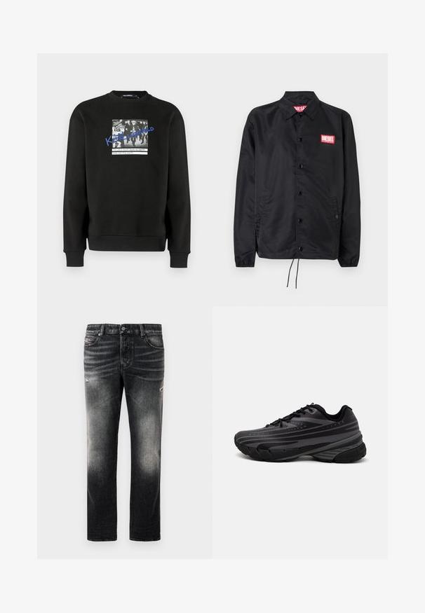 Chaqueta negra hecha de un material suave y ligero, con cierre de botones en el frente, puños elásticos, bolsillos laterales y un parche con el logo rojo de Diesel.; Sudadera negra de tejido suave, con un gráfico frontal que incluye una foto en blanco y negro y texto azul. Puños y bajo con ribete elástico.; Jeans negros con acabado desgastado y toques rasgados, diseño estándar de cinco bolsillos y cierre con cremallera. Elaborados en tela de denim.; Zapatilla de running negra con parte superior texturizada que presenta franjas grises. Suela gruesa para amortiguación, puntera redonda y cordones planos para un ajuste seguro.