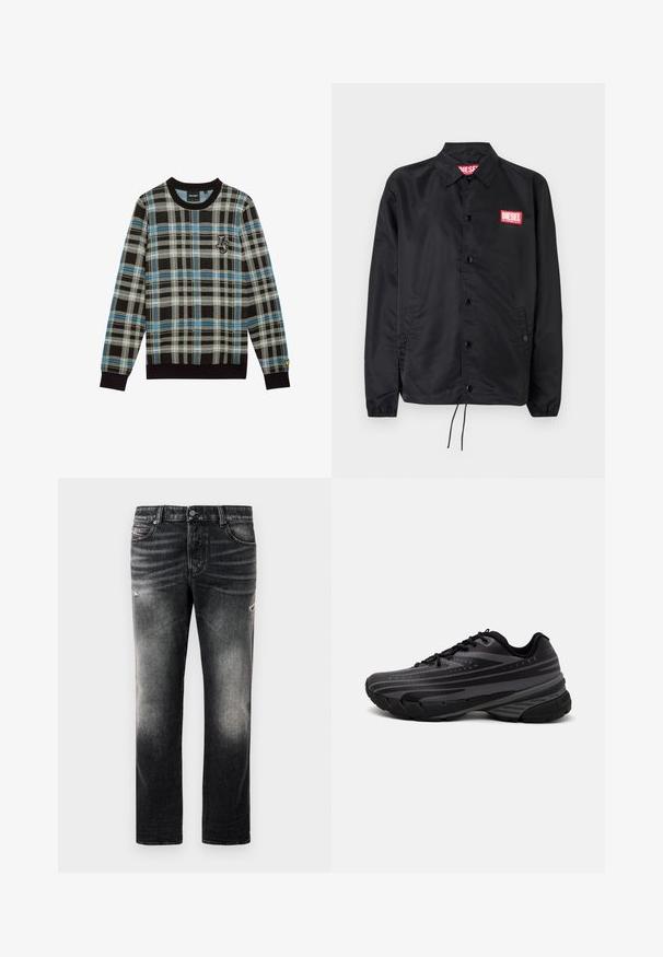 Schwarze Jacke aus glattem, leichtem Material mit Knopfriegel, elastischen Bündchen, seitlichen Taschen und einem roten Diesel-Logo-Patch.; Sweater mit einem schwarzen, grauen und blauen Karomuster, mit einem gerippten schwarzen Rundhalsausschnitt und Bündchen. Mit gesticktem Logodetail auf der Brust.; Schwarze Jeans mit einem verblassten Finish und verwaschenen Akzenten, klassisches Fünf-Taschen-Design und Reißverschluss. Hergestellt aus Denim-Stoff.; Schwarzer Laufschuh mit einem strukturierten Obermaterial, das graue Streifen aufweist. Dicke Sohle zur Dämpfung, runder Zehenbereich und flache Schnürsenkel für einen sicheren Sitz.