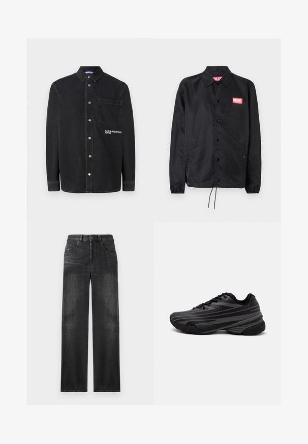 Črna jakna iz gladkega, lahkega materiala, z gumbnim zapiranjem, elastičnimi manšetami, stranskimi žepi in rdečim logotipom Diesel.; Črna srajca z gumbi iz jeansa, z ovratnikom, dolgimi rokavi, sprednjim žepom in vezenim logotipom na prsih.; Črne ravne kavbojke iz denima, ki imajo pet žepov, pasne zanke in subtilno zbledelost na tkanini za teksturo.; Črne tekaške copate z teksturiranim zgornjim delom, ki ima sive črte. Debel podplat za blaženje udarcev, okrogla konica in ravne vezalke za varen oprijem.