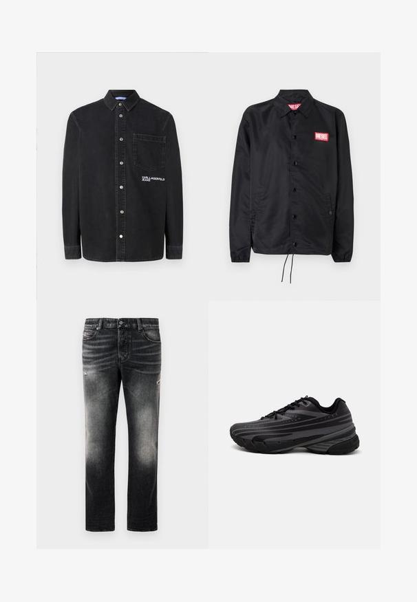 Svart jakke laget av glatt, lett materiale, med knappelukking, elastiske mansjetter, sidelommer og en rød Diesel-logo-patch.; Svart skjorte med knapper laget av denim, med krage, lange ermer, en frontlomme og brodert logo på brystet.; Sorte jeans med en falmet finish og slidte detaljer, standard fem-lomme-design og glidelås foran. Laget av denimstoff.; Svarte joggesko med en teksturert overdel som har grå striper. Tykk såle for demping, rund tå og flate snører for en sikker passform.