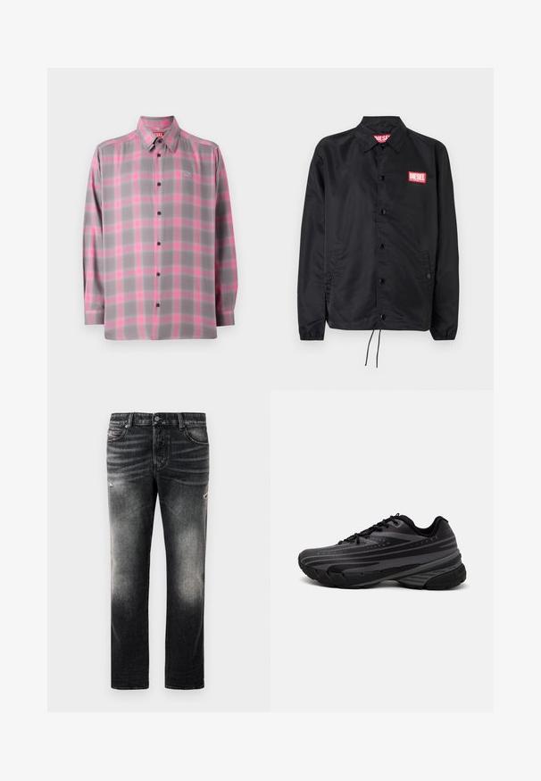 Μαύρο μπουφάν από λείο, ελαφρύ ύφασμα, με μπροστινό κουμπί, ελαστικούς καρπούς, πλαϊνές τσέπες και κόκκινη ετικέτα λογότυπου Diesel.; Γκρι πουκάμισο με καρό σχέδιο, με ροζ λεπτομέρειες, μακριά μανίκια, κλασικό γιακά και λογότυπο στο επάνω αριστερό μέρος του στήθους.; Μαύρα τζιν με φθαρμένη φινίρισμα και φθορές, κλασικό σχέδιο πέντε τσέπες και κλείσιμο με φερμουάρ. Φτιαγμένα από υλικό τζιν.; Μαύρο αθλητικό παπούτσι με υφή στο άνω μέρος που διαθέτει γκρι ρίγες. Παχύ πέλμα για απορρόφηση κραδασμών, στρογγυλή μύτη και επίπεδα κορδόνια για ασφαλή εφαρμογή.
