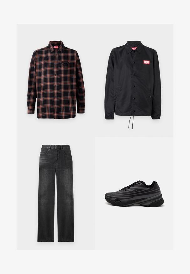 Sort jakke lavet af glat, let materiale, med knaplukning fortil, elastiske manchetter, sidelommer og et rødt Diesel-logo patch.; Sort og rød ternet skjorte med knaplukning foran, lange ærmer og et mærke på kraven. Har kontrastsying og en lomme på brystet.; Sorte straight-leg jeans lavet af denim, med fem lommer, bæltestropper og subtil falmning på stoffet for tekstur.; Sort løbesko med en struktureret overdel og grå striber. Tykk sål for støddæmpning, rund tå og flade snørebånd for et sikkert fit.