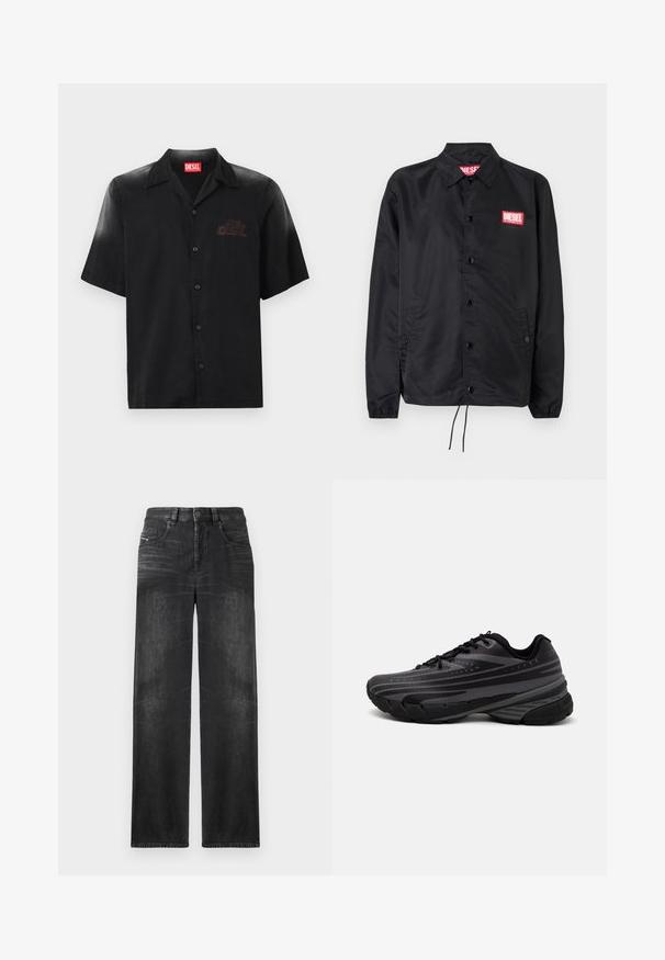 Juoda striukė, pagaminta iš lygaus, lengvo medžiagų, su mygtukų priekyje, elastinėmis rankovėmis, šoninėmis kišenėmis ir raudonu "Diesel" logotipo ženkleliu.; Trumpas rankovėmis juodas marškinys iš lygaus audinio, su sagų uždarymo priekyje, turintis subtilų iškilų logotipą kairiajame krūtinės kampe.; Juodos tiesios kojų džinsai, pagaminti iš džinsinio audinio, su penkiomis kišenėmis, diržo kilpomis ir švelniu audinio blukimu, kuris suteikia tekstūrą.; Juodas bėgimo batelis su tekstūruotu viršumi, kuriame yra pilkos juostos. Storas padas amortizacijai, apvalus pirštas ir plokščios raištelės tvirtam prigludimui.