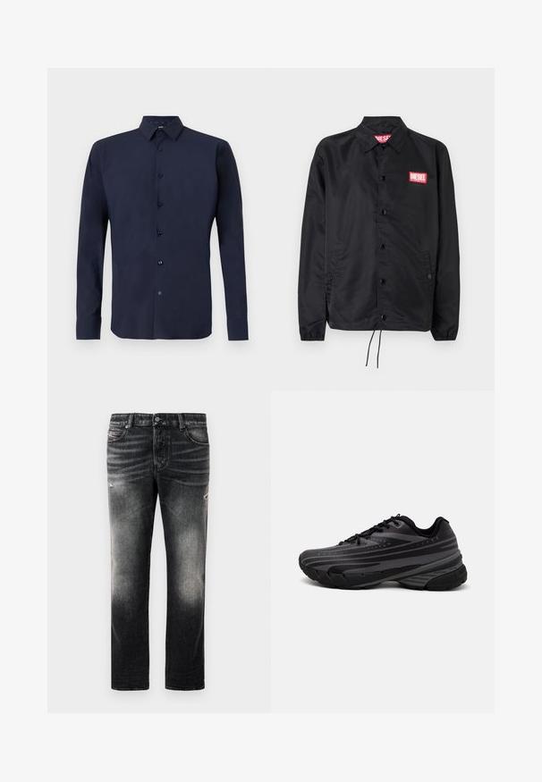 Black jacket made of smooth, lightweight material, featuring a button front, elastic cuffs, side pockets, and a red Diesel logo patch.; Navy long-sleeve shirt made of smooth fabric, featuring a button-up front, structured collar, and dark buttons for contrast.; Black jeans featuring a faded finish with distressed accents, standard five-pocket design, and a zip-fly closure. Made of denim fabric.; Black running shoe with a textured upper featuring gray stripes. Thick sole for cushioning, round toe, and flat laces for secure fit.