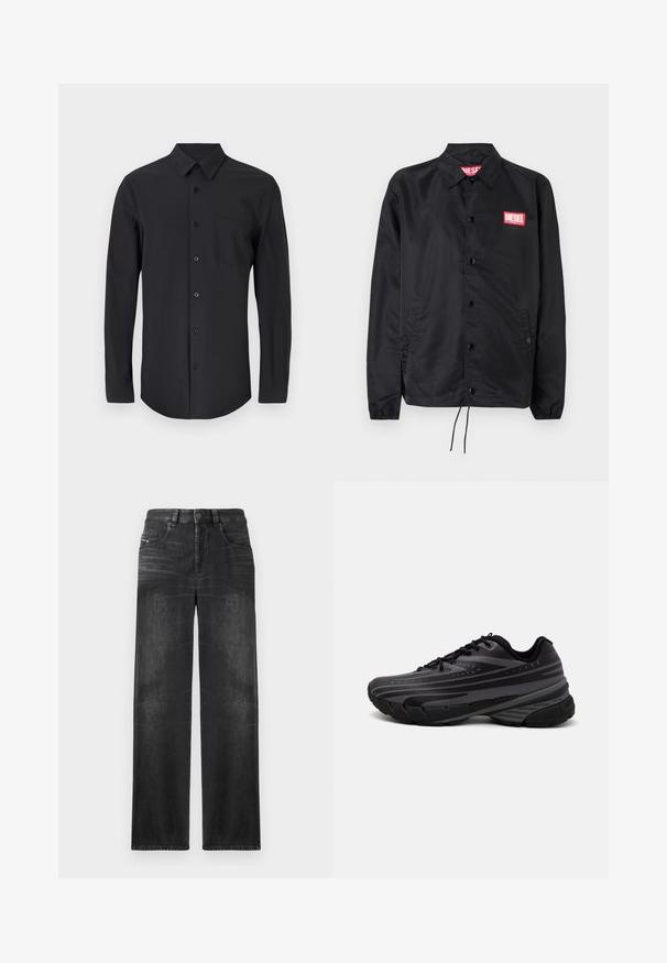 Juoda striukė, pagaminta iš lygaus, lengvo medžiagų, su mygtukų priekyje, elastinėmis rankovėmis, šoninėmis kišenėmis ir raudonu "Diesel" logotipo ženkleliu.; Juodas ilgomis rankovėmis marškiniai iš lygaus audinio su klasikiniu apykakle, užtrauktuku ir krūtinės kišene kairėje pusėje.; Juodos tiesios kojų džinsai, pagaminti iš džinsinio audinio, su penkiomis kišenėmis, diržo kilpomis ir švelniu audinio blukimu, kuris suteikia tekstūrą.; Juodas bėgimo batelis su tekstūruotu viršumi, kuriame yra pilkos juostos. Storas padas amortizacijai, apvalus pirštas ir plokščios raištelės tvirtam prigludimui.