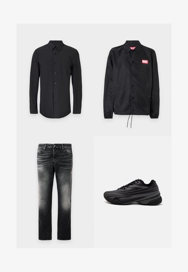 Giacca nera realizzata in materiale liscio e leggero, con chiusura a bottoni, polsini elasticizzati, tasche laterali e una patch con il logo rosso Diesel.; Camicetta nera a maniche lunghe in un tessuto morbido con colletto classico, chiusura con bottoni e taschino sul lato sinistro.; Jeans neri con una finitura sbiadita e dettagli strappati, design standard a cinque tasche e chiusura con zip. Realizzati in tessuto denim.; Scarpa da corsa nera con un upper testurizzato e strisce grigie. Suola spessa per un'ammortizzazione ottimale, punta rotonda e lacci piatti per una vestibilità sicura.