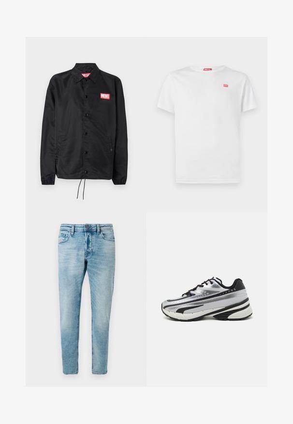 Chaqueta negra hecha de un material suave y ligero, con cierre de botones en el frente, puños elásticos, bolsillos laterales y un parche con el logo rojo de Diesel.; Camiseta blanca de algodón con mangas cortas y escote en V. Presenta un pequeño logo rojo de Diesel en el lado izquierdo del pecho. Textura suave, ajuste estándar.; Vaqueros de mezclilla azul claro con un corte ajustado, que cuentan con bolsillos frontales y un cierre de botón. La tela tiene un acabado suave y texturizado.; Zapatilla de running con parte superior de malla plateada, acentos negros y suela blanca. Presenta un diseño texturizado y cordones negros. Ligera y acolchada.