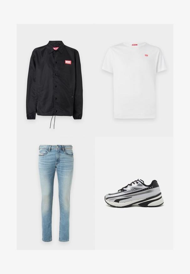 Crna jakna od glatkog, laganog materijala, s prednjim kopčanjem na dugmad, elastičnim manžetama, bočnim džepovima i crvenim Diesel logotipom.; Bijela pamučna majica s kratkim rukavima i V-izrezom. Ima mali crveni Diesel logo na lijevoj strani prsnog koša. Glatka tekstura, standardni kroj.; Svijetloplave traperice s prilagođenim krojem, s dizajnom od pet džepova i suptilnim izblijedjenjem, s kopčanjem na gumb i petljama za remen.; Tenisice za trčanje s gornjim dijelom od srebrne mrežice, crnim akcentima i bijelim potplatom. Imaju teksturirani dizajn i crne vezice. Lako suće i udobno podstavljene.