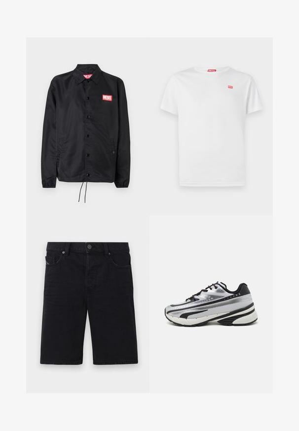 Black jacket made of smooth, lightweight material, featuring a button front, elastic cuffs, side pockets, and a red Diesel logo patch.; White cotton t-shirt with short sleeves and a V-neck. Features a small red Diesel logo on the left chest. Smooth texture, standard fit.; Black denim shorts with a straight cut, five pockets, metal accents, and visible stitching. Soft texture and simple design.; Running shoe with a silver mesh upper, black accents, and white sole. Features textured design and black laces. Lightweight and cushioned.