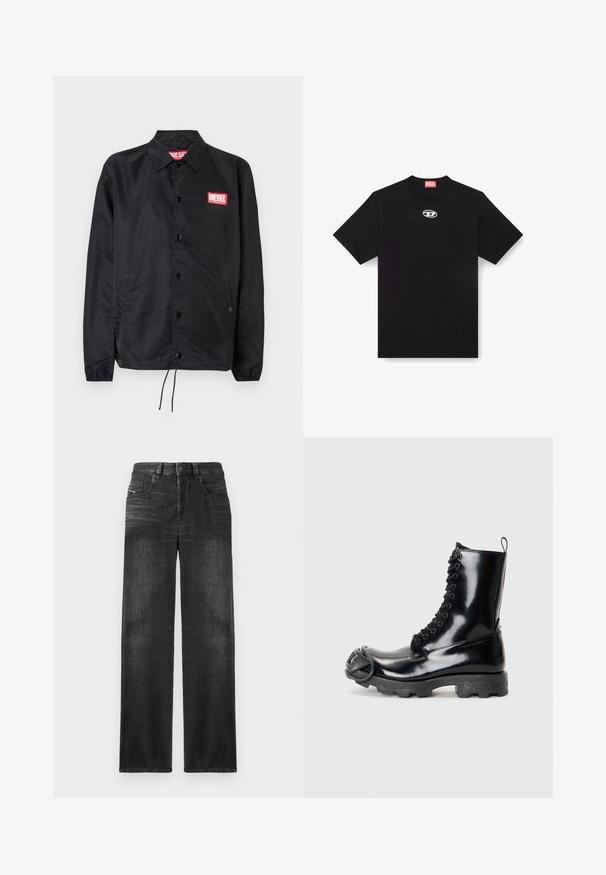 Jaqueta preta feita de material suave e leve, com fecho de botão na frente, punhos elásticos, bolsos laterais e um patch do logótipo vermelho da Diesel.; Camiseta de algodão preta com decote redondo e mangas curtas. Apresenta um pequeno logótipo prata bordado na parte central da frente.; Calças de ganga de perna reta pretas, com cinco bolsos, passadores de cinto e um leve desbotado no tecido para textura.; Bota de combate de couro envernizado preto com um acabamento brilhante, design de atacadores, sola de borracha grossa e detalhe de hardware distinto na parte da frente.