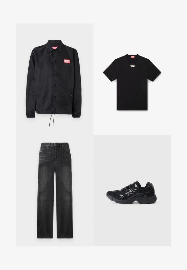 Svart jakke laget av glatt, lett materiale, med knappelukking, elastiske mansjetter, sidelommer og en rød Diesel-logo-patch.; Svart bomull T-skjorte med rund hals og korte ermer. Har en liten, sølvfarget logo brodert på midten foran.; Sorte jeans med rett ben i denim, med fem lommer, beltehemper, og subtil fading på stoffet for tekstur.; Svart treningssko med nettmateriale og syntetiske detaljer, avrundet tå, teksturert såle og kontrasterende glansfulle detaljer på overdelen.