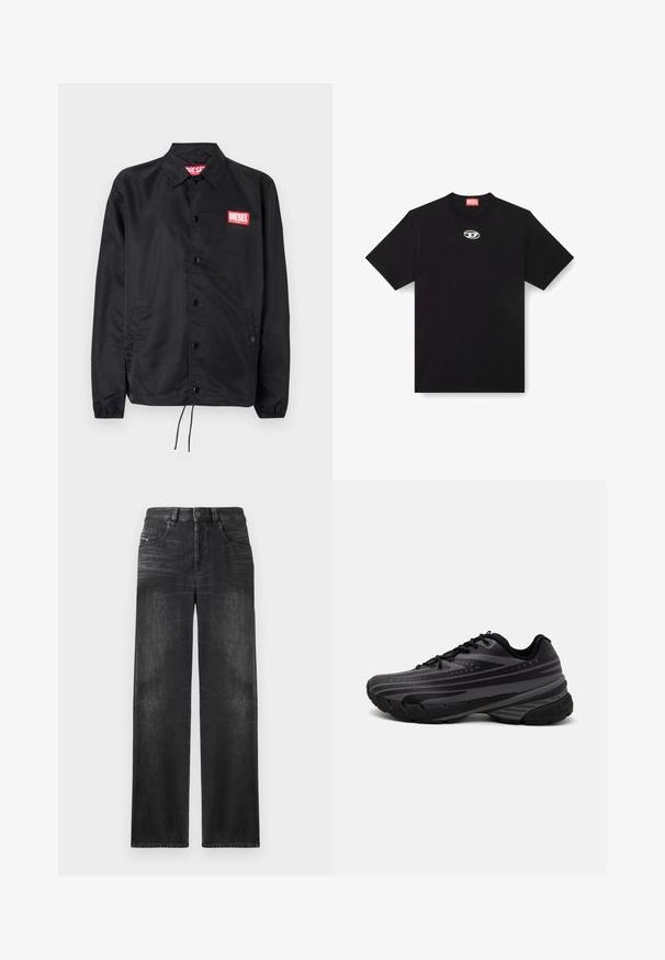 Schwarze Jacke aus glattem, leichtem Material mit Knopfriegel, elastischen Bündchen, seitlichen Taschen und einem roten Diesel-Logo-Patch.; Schwarzes Baumwoll-T-Shirt mit Rundhalsausschnitt und kurzen Ärmeln. Enthält ein kleines, silbernes Logo, das in der Mitte vorne gestickt ist.; Schwarze gerade Jeans aus Denim, mit fünf Taschen, Gürtelschlaufen und subtiler Ausbleichung des Stoffes für Textur.; Schwarzer Laufschuh mit einem strukturierten Obermaterial, das graue Streifen aufweist. Dicke Sohle zur Dämpfung, runder Zehenbereich und flache Schnürsenkel für einen sicheren Sitz.