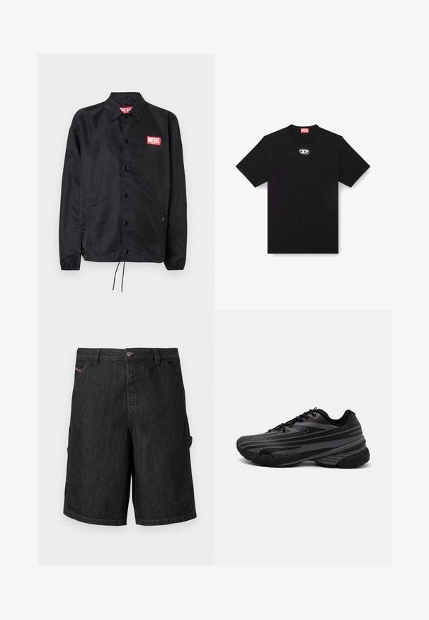 Crna jakna od glatkog, laganog materijala, s prednjim kopčanjem na dugmad, elastičnim manžetama, bočnim džepovima i crvenim Diesel logotipom.; Crna pamučna majica s okruglim izrezom i kratkim rukavima. Ima mali, srebrni logo izvezen na prednjem dijelu.; Crne cargo kratke traperice s kopčanjem na gumbe, bočnim džepovima i ravnim krojem s detaljima kontrastnog šiva.; Crna tenisica za trčanje s teksturiranim gornjim dijelom koji ima sive pruge. Debeli potplat za amortizaciju, okrugli vrh i ravne vezice za sigurno pristajanje.