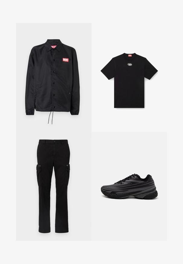 Fekete dzseki sima, könnyű anyagból, gombos elülső résszel, rugalmas mandzsettákkal, oldalsó zsebekkel és egy piros Diesel logós folttal.; Fekete pamut póló kerek nyakkivágással és rövid ujjakkal. Az elején középen egy kicsi, ezüst színű logó van hímzéssel.; Fekete cargo nadrág, pamutból készült, két oldalsó zsebbel, egyenes szárajának kialakításával és látható varrással a varrásoknál.; Fekete futócipő texturált felsőrésszel, szürke csíkokkal. Vastag talp a párnázottságért, kerek orr, és lapos fűzők a biztos illeszkedés érdekében.