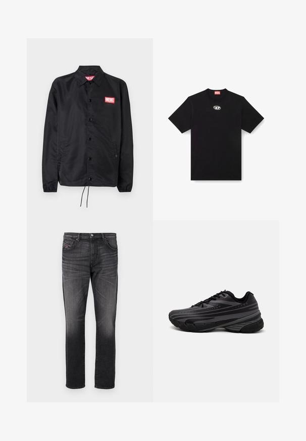 Juoda striukė, pagaminta iš lygaus, lengvo medžiagų, su mygtukų priekyje, elastinėmis rankovėmis, šoninėmis kišenėmis ir raudonu "Diesel" logotipo ženkleliu.; Juodas medvilninis marškinėlis su apvaliu iškirpimu ir trumpomis rankovėmis. Priekyje centre yra maža sidabrinė logotipo siuvinėjimas.; Juodi džinsai su tiesiu kirpimu, penkiais kišenėmis, šiek tiek išblukimu ir mažu raudonu audinio ženkliuku ant priekinės kišenės.; Juodas bėgimo batelis su tekstūruotu viršumi, kuriame yra pilkos juostos. Storas padas amortizacijai, apvalus pirštas ir plokščios raištelės tvirtam prigludimui.