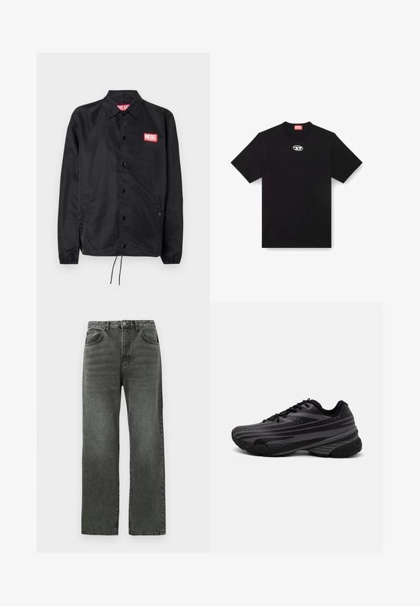 Crna jakna od glatkog, laganog materijala, s prednjim kopčanjem na dugmad, elastičnim manžetama, bočnim džepovima i crvenim Diesel logotipom.; Crna pamučna majica s okruglim izrezom i kratkim rukavima. Ima mali, srebrni logo izvezen na prednjem dijelu.; Crne oprane traperice ravnog kroja s prednjim gumbom i džepovima, prikazane ravno na bijeloj pozadini.; Crna tenisica za trčanje s teksturiranim gornjim dijelom koji ima sive pruge. Debeli potplat za amortizaciju, okrugli vrh i ravne vezice za sigurno pristajanje.