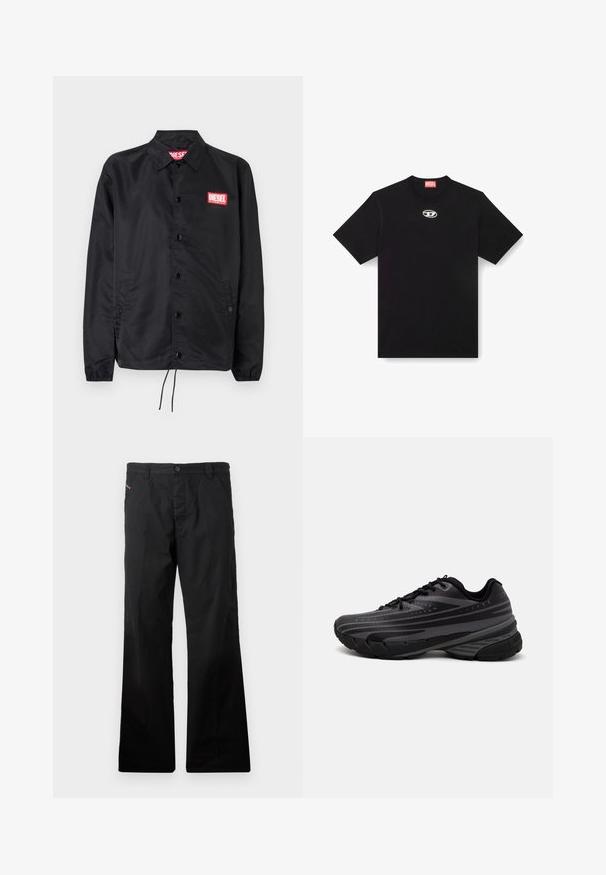 Jachetă neagră dintr-un material neted și ușor, cu închidere prin butoane, manșete elastice, buzunare laterale și o etichetă roșie cu logo-ul Diesel.; Tricou negru din bumbac cu guler rotund și mâneci scurte. Prezintă un mic logo argintiu brodat în centrul frontal.; Pantaloni negri din bumbac, cu croi drept și închidere cu nasture. Au buzunare laterale și un design minimalist, fără modele sau accente vizibile.; Pantof de alergare negru cu un superior texturat, având dungi gri. Talpă groasă pentru amortizare, vârf rotund și șireturi plate pentru o potrivire sigură.