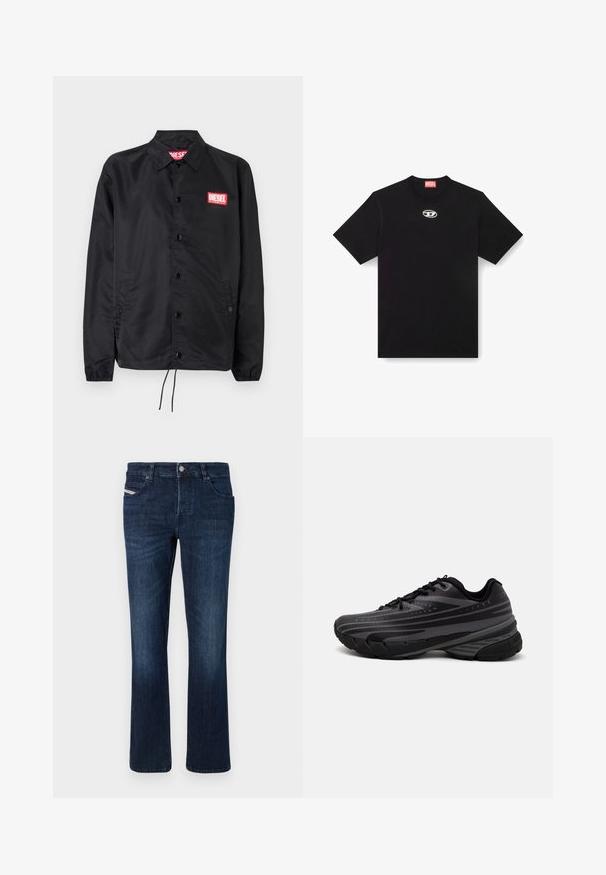 Μαύρο μπουφάν από λείο, ελαφρύ ύφασμα, με μπροστινό κουμπί, ελαστικούς καρπούς, πλαϊνές τσέπες και κόκκινη ετικέτα λογότυπου Diesel.; Μαύρο βαμβακερό T-shirt με στρογγυλή λαιμόκοψη και κοντά μανίκια. Διαθέτει ένα μικρό, ασημένιο λογότυπο κεντημένο στο κέντρο μπροστά.; Τζιν παντελόνι σε σκούρο μπλε με ίσια γραμμή. Διαθέτει πέντε τσέπες, κλείσιμο με μεταλλικό κουμπί και διακριτή ραφή στην πίσω τσέπη.; Μαύρο αθλητικό παπούτσι με υφή στο άνω μέρος που διαθέτει γκρι ρίγες. Παχύ πέλμα για απορρόφηση κραδασμών, στρογγυλή μύτη και επίπεδα κορδόνια για ασφαλή εφαρμογή.