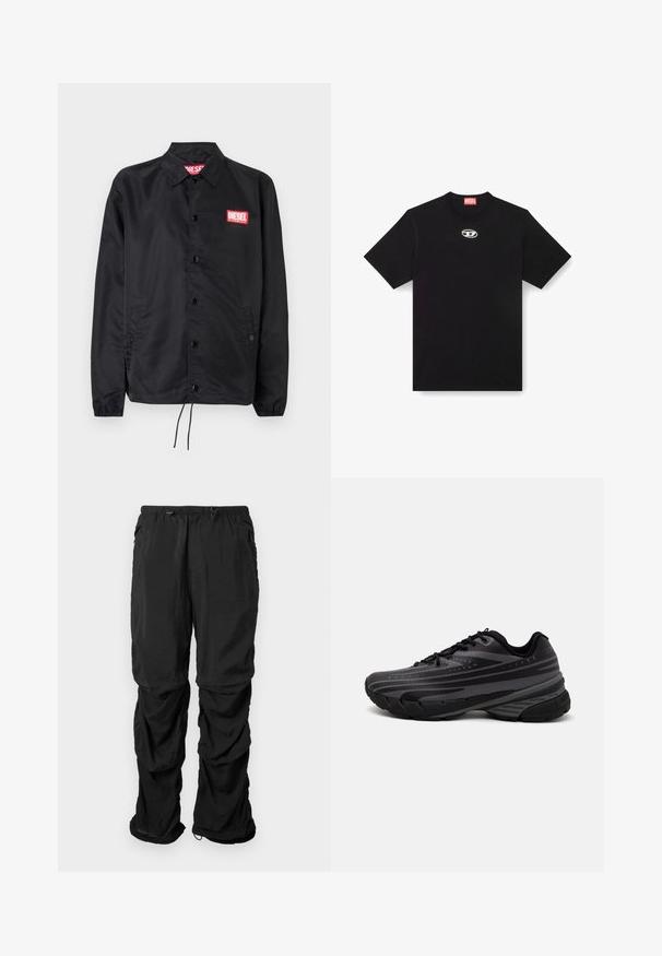 Svart jakke laget av glatt, lett materiale, med knappelukking, elastiske mansjetter, sidelommer og en rød Diesel-logo-patch.; Svart bomull T-skjorte med rund hals og korte ermer. Har en liten, sølvfarget logo brodert på midten foran.; Sorte verktøybukser laget av lett stoff har elastisk midjebånd, justerbare snører og sidelommer med en avslappet passform.; Svarte joggesko med en teksturert overdel som har grå striper. Tykk såle for demping, rund tå og flate snører for en sikker passform.