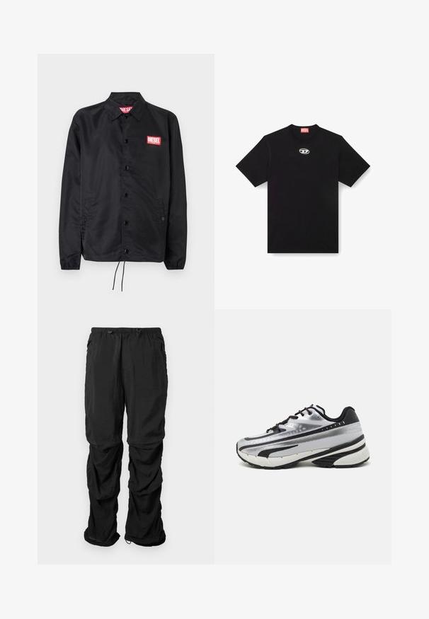 Svart jacka i ett slätt, lätt material med knappstängning, elastiska ärmslut, sidofickor och en röd Diesel-logolapp.; Svart bomulls-t-shirt med rund hals och korta ärmar. Har en liten, silverfärgad logotyp broderad i mitten av framsidan.; Svarta arbetsbyxor i lätt tyg har en elastisk midja, justerbara dragskor och sidofickor med en avslappnad passform.; Löparskor med överdel i silvernät, svarta accenter och vit sula. Har en strukturerad design och svarta skosnören. Lätta och vadderade.