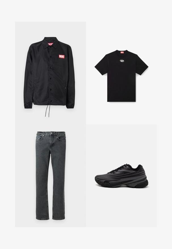 Chaqueta negra hecha de un material suave y ligero, con cierre de botones en el frente, puños elásticos, bolsillos laterales y un parche con el logo rojo de Diesel.; Camiseta de algodón negra con cuello redondo y mangas cortas. Presenta un pequeño logotipo plateado bordado en el centro del frente.; Vaqueros de pierna recta de lavado negro con cinco bolsillos, cierre de botón y trabillas para cinturón, exhibidos sobre un fondo blanco.; Zapatilla de running negra con parte superior texturizada que presenta franjas grises. Suela gruesa para amortiguación, puntera redonda y cordones planos para un ajuste seguro.