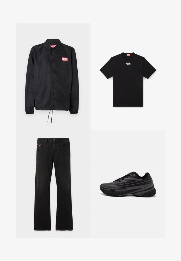 Černá bunda z hladkého, lehkého materiálu, s knoflíkovou přední částí, elastickými manžetami, bočními kapsami a červenou nášivkou Diesel logo.; Černé bavlněné tričko s kulatým výstřihem a krátkými rukávy. Na přední části uprostřed je malé, stříbrné logo vyšívané.; Černé rovné džíny z denimu s pěti kapsami a zapínáním na knoflík, s mírným vyblednutím na stehnech a kolenou.; Černá běžecká bota s texturovaným svrškem zdobeným šedými pruhy. Silná podešev pro odpružení, kulatá špička a ploché tkaničky pro bezpečné uchycení.