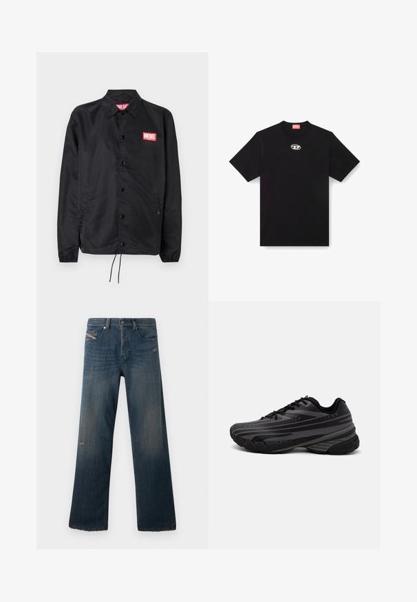 Musta takki, joka on valmistettu sileästä, kevyestä materiaalista. Takissa on nappiaukko, joustavat hihansuut, sivutaskut ja punainen Diesel-logo-patch.; Musta puuvillapaita, jossa on pyöreä kaula-aukko ja lyhyet hihat. Edessä keskellä pieni, hopeinen logo brodeerattuna.; Siniset farkut suoranlahkeisella muotoilulla, haalistuneella tekstuurilla, revityllä helmalla ja kuluneilla yksityiskohdilla etutaskussa ja reiden alueella.; Mustat juoksukengät, joissa on tekstuuri päällä ja harmaat raidat. Paksu pohja pehmustetta varten, pyöreä varvasosa ja tasaiset nauhat turvallista istuvuutta varten.