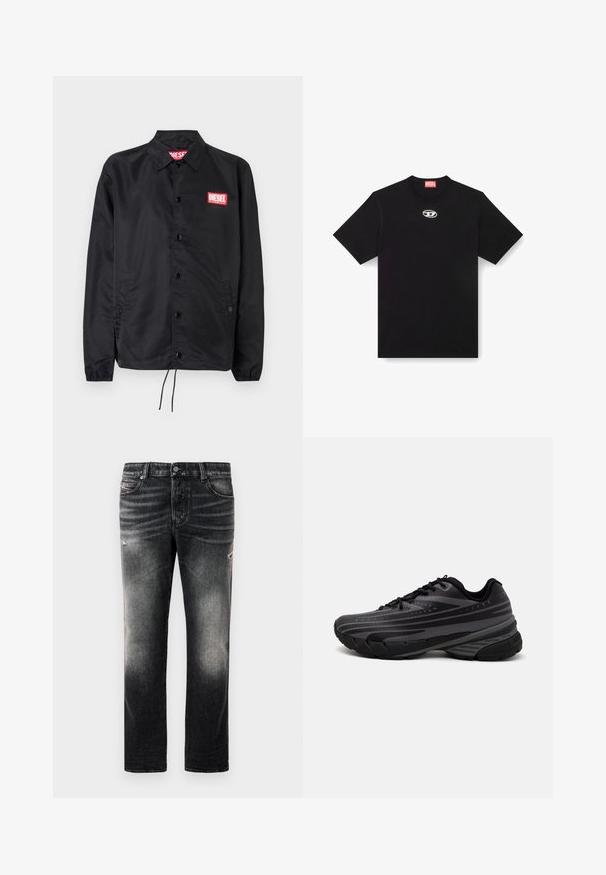 Melnā jaka no gludas, vieglas materiāla, ar pogu aizdari, elastīgām piedurknēm, sānu kabatām un sarkanu Diesel logo uzšuvumu.; Melnas kokvilnas T-krekls ar apaļu kakla izgriezumu un īsām piedurknēm. Uz priekšpuses centrā ir neliels, sudraba krāsas noslēpuma logotips izšūts.; Melnas džinsas ar izbalējušu apdari un nolietojuma akcentiem, standarta piecu kabatu dizains un rāvējslēdzēja aizdare. Izgatavoti no denim auduma.; Melnas skriešanas kurpes ar teksturētu virsu, kurai ir pelēkas svītras. Biezs zole nodrošina amortizāciju, apaļa purngalu un plakanas šņorītes, lai nodrošinātu drošu piegulšanu.