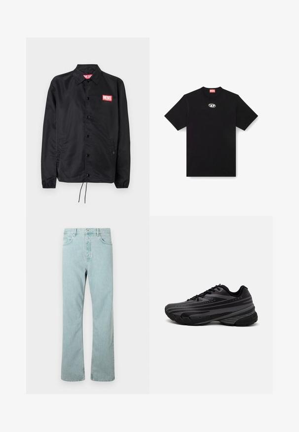 Svart jacka i ett slätt, lätt material med knappstängning, elastiska ärmslut, sidofickor och en röd Diesel-logolapp.; Svart bomulls-t-shirt med rund hals och korta ärmar. Har en liten, silverfärgad logotyp broderad i mitten av framsidan.; Ljusblå denimjeans med raka ben, fem fickor och en enda knappstängning. Avslutade med subtila stickningsdetaljer.; Svart löparsko med en texturerad ovandel och grå ränder. Tjock sula för dämpning, rund tå och platta snören för en säker passform.