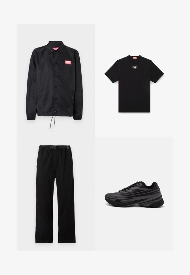 Giacca nera realizzata in materiale liscio e leggero, con chiusura a bottoni, polsini elasticizzati, tasche laterali e una patch con il logo rosso Diesel.; T-shirt in cotone nero con scollatura rotonda e maniche corte. Presenta un piccolo logo argentato ricamato al centro della parte anteriore.; Pantaloni neri leggeri con cintura elastica e cintura regolabile, caratterizzati da un design a gamba dritta e da una texture liscia.; Scarpa da corsa nera con un upper testurizzato e strisce grigie. Suola spessa per un'ammortizzazione ottimale, punta rotonda e lacci piatti per una vestibilità sicura.