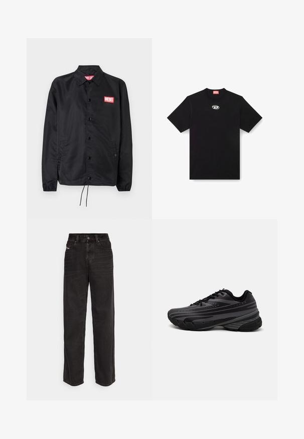 Veste noire en matériau lisse et léger, avec un devant à boutons, des poignets élastiques, des poches latérales et un patch logo rouge Diesel.; T-shirt en coton noir avec un col rond et des manches courtes. Présente un petit logo en argent brodé au centre avant.; Pantalons en denim noir à jambes larges avec taille haute, fermeture à bouton à l'avant, deux poches latérales et détails de coutures subtils.; Baskets de course noires avec une tige texturée comportant des rayures grises. Semelle épaisse pour un bon amorti, bout rond et lacets plats pour un maintien sécurisé.