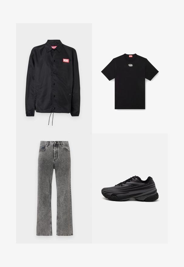 Černá bunda z hladkého, lehkého materiálu, s knoflíkovou přední částí, elastickými manžetami, bočními kapsami a červenou nášivkou Diesel logo.; Černé bavlněné tričko s kulatým výstřihem a krátkými rukávy. Na přední části uprostřed je malé, stříbrné logo vyšívané.; Džíny z černého vypraného denimu s rovnými nohavicemi, předním knoflíkem a zipem, poutky na pásek a designem s pěti kapsami.; Černá běžecká bota s texturovaným svrškem zdobeným šedými pruhy. Silná podešev pro odpružení, kulatá špička a ploché tkaničky pro bezpečné uchycení.