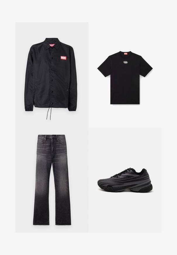 Čierna bunda vyrobená z hladkého, ľahkého materiálu, s predným zapínaním na gombíky, elastickými manžetami, bočnými vreckami a červeným logom Diesel na nášivke.; Čierne bavlnené tričko s okrúhlym výstrihom a krátkymi rukávmi. Na prednej strane má malé strieborné logo vyšívané uprostred.; Čierne denimové rifle s rovnými nohavicami, s vyblednutým vzhľadom, prednými vreckami, pútkami na opasok a viditeľnými švami.; Čierna bežecká obuv s textúrovaným zvrškom, ktorý má šedé pruhy. Hrubá podrážka pre odpruženie, okrúly špička a ploché šnúrky na bezpečné uchytenie.