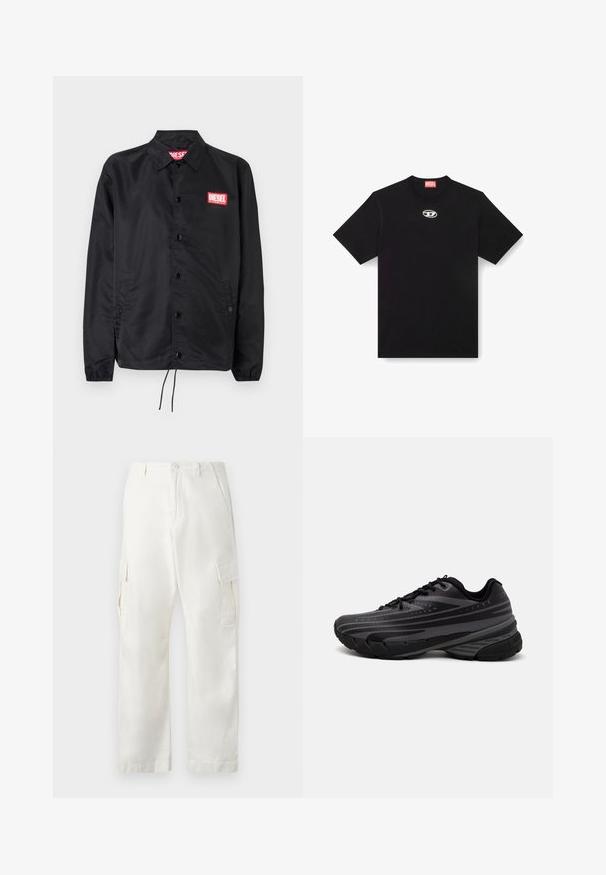 Musta takki, joka on valmistettu sileästä, kevyestä materiaalista. Takissa on nappiaukko, joustavat hihansuut, sivutaskut ja punainen Diesel-logo-patch.; Musta puuvillapaita, jossa on pyöreä kaula-aukko ja lyhyet hihat. Edessä keskellä pieni, hopeinen logo brodeerattuna.; Valkoiset cargo-housut, jotka on valmistettu puuvillasta, suoranlahkeisella muotoilulla, kahdella sivutaskulla ja kahdella cargo-taskulla reisissä.; Mustat juoksukengät, joissa on tekstuuri päällä ja harmaat raidat. Paksu pohja pehmustetta varten, pyöreä varvasosa ja tasaiset nauhat turvallista istuvuutta varten.