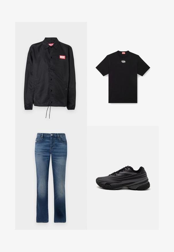 Jaqueta preta feita de material suave e leve, com fecho de botão na frente, punhos elásticos, bolsos laterais e um patch do logótipo vermelho da Diesel.; Camiseta de algodão preta com decote redondo e mangas curtas. Apresenta um pequeno logótipo prata bordado na parte central da frente.; Jeans de ganga azul escuro com um design de perna reta, apresentando bolsos frontais, desbotamento subtil e um fecho clássico com botão na cintura.; Shoe de corrida preta com um cabedal texturizado apresentando riscas cinzentas. Sola grossa para amortecimento, bico redondo e atacadores planos para um ajuste seguro.