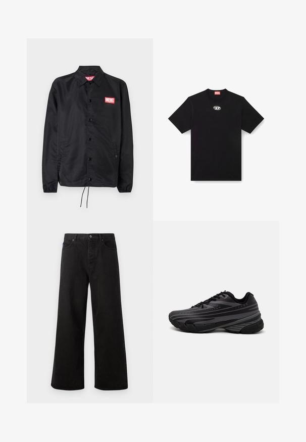 Juoda striukė, pagaminta iš lygaus, lengvo medžiagų, su mygtukų priekyje, elastinėmis rankovėmis, šoninėmis kišenėmis ir raudonu "Diesel" logotipo ženkleliu.; Juodas medvilninis marškinėlis su apvaliu iškirpimu ir trumpomis rankovėmis. Priekyje centre yra maža sidabrinė logotipo siuvinėjimas.; Juodi plačiakojai džinsai su sagos uždarymu, penkiais kišenėmis ir kontrastingais siūlais. Priekinėje dalyje ant liemens yra prekės ženklo etiketė.; Juodas bėgimo batelis su tekstūruotu viršumi, kuriame yra pilkos juostos. Storas padas amortizacijai, apvalus pirštas ir plokščios raištelės tvirtam prigludimui.