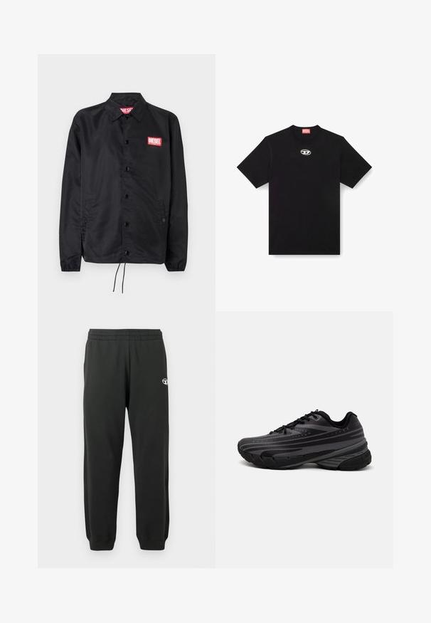 Czarna kurtka wykonana z gładkiego, lekkiego materiału, z przodem na guziki, elastycznymi mankietami, bocznymi kieszeniami i czerwoną naszywką z logo Diesel.; Czarny bawełniany t-shirt z okrągłym dekoltem i krótkimi rękawami. Na środku przodu znajduje się małe, srebrne logo wyszywane.; Czarne dresy wykonane z miękkiego, elastycznego materiału, z elastycznym pasem i ściągaczami na nogawkach. Posiadają małe logo na udzie.; Czarna biegowa obuwie z teksturowaną cholewką z szarymi paskami. Gruba podeszwa dla amortyzacji, okrągły czubek i płaskie sznurowadła zapewniające pewne dopasowanie.