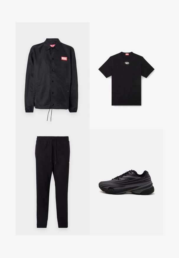 Črna jakna iz gladkega, lahkega materiala, z gumbnim zapiranjem, elastičnimi manšetami, stranskimi žepi in rdečim logotipom Diesel.; Črna bombažna majica s krožnim izrezom in kratkimi rokavi. Ima majhen srebrni logotip vezen na sredini spredaj.; Črne trenirke iz mehkega blaga, ki imajo elastičen pas z vrvico, ozke hlačnice in rebraste manšete.; Črne tekaške copate z teksturiranim zgornjim delom, ki ima sive črte. Debel podplat za blaženje udarcev, okrogla konica in ravne vezalke za varen oprijem.