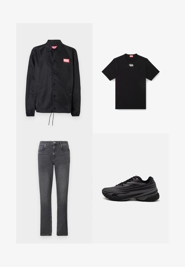 Must must, misasest kergest ja siledast materjalist, nupuvälinge, elastsete mansettide, küljetaskute ning punase Diesel logo plaastriga.; Must have ümberkaela ja lühikeste varrukatega must puuvillane T-särk. Esiküljel on väike hõbedane logo tikandina.; Halli denim püksid, mis omavad sirget lõiget, viie tasku stiili ning peeneid tikandeid. Kangas on sileda tekstuuriga.; Mustad musta jooksujalats, mille tekstureeritud ülemine osa on hallide triipudega. Paks tallaga mugavuse tagamiseks, ümar varvas ja tasased paelad kindla istuvuse saavutamiseks.