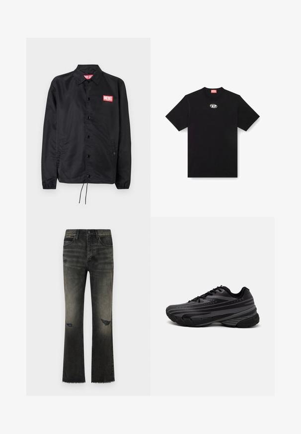 Musta takki, joka on valmistettu sileästä, kevyestä materiaalista. Takissa on nappiaukko, joustavat hihansuut, sivutaskut ja punainen Diesel-logo-patch.; Musta puuvillapaita, jossa on pyöreä kaula-aukko ja lyhyet hihat. Edessä keskellä pieni, hopeinen logo brodeerattuna.; Mustat farkut, joissa on leveä lahje, haalistunut viimeistely, näkyvät kulumat ja revitty helma. Ominaisuuksiin kuuluu klassinen viiden taskun muotoilu ja metallinappikiinnitys.; Mustat juoksukengät, joissa on tekstuuri päällä ja harmaat raidat. Paksu pohja pehmustetta varten, pyöreä varvasosa ja tasaiset nauhat turvallista istuvuutta varten.